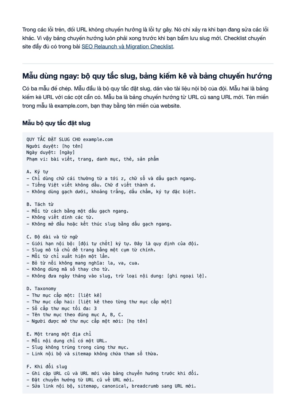 Trang 9 bản PDF của tài liệu Slug URL sạch: quy trình chuẩn hóa, checklist kiểm và nghiệm thu, phần có bảng
