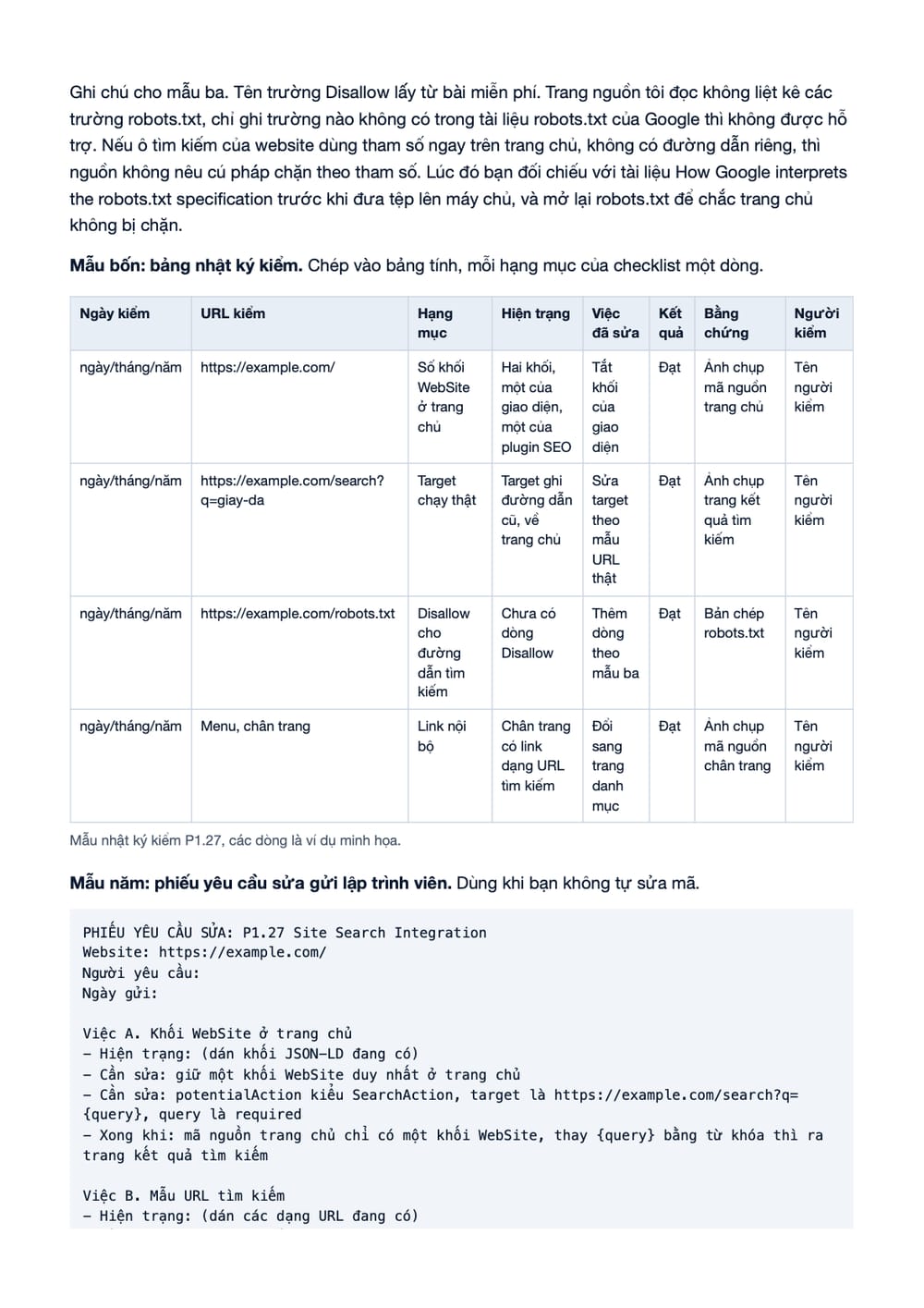 Trang 10 bản PDF của tài liệu SearchAction Schema và URL tìm kiếm nội bộ: quy trình kiểm, sửa, phần có bảng
