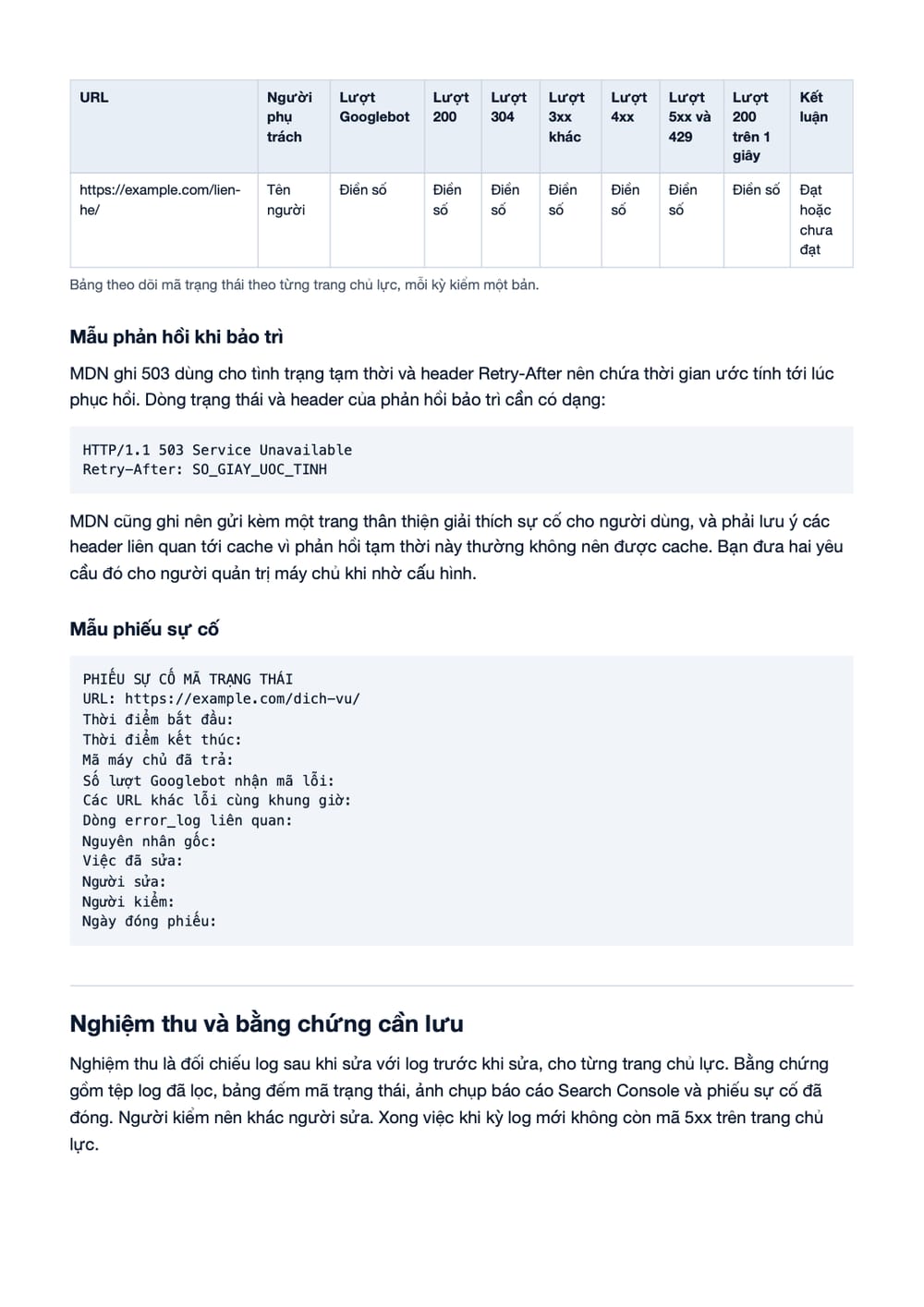 Trang 10 bản PDF của tài liệu HTTP 200 ổn định cho trang chủ lực: quy trình đo, sửa và nghiệm thu, phần có bảng