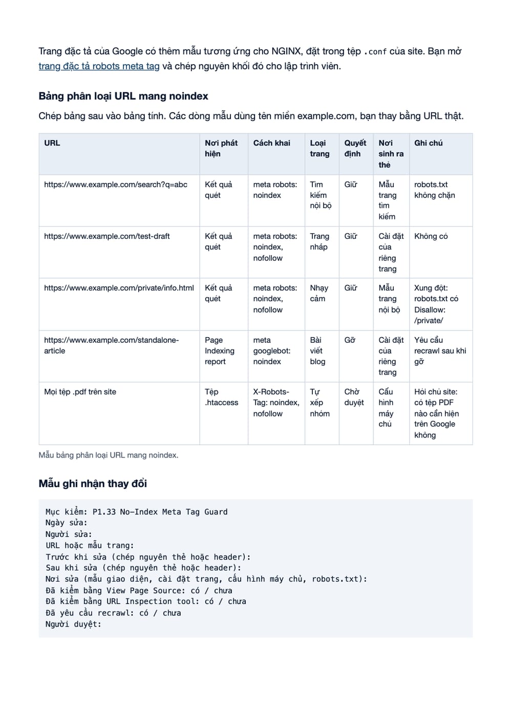 Trang 11 bản PDF của tài liệu Thẻ noindex đúng chỗ: quy trình rà soát, sửa và nghiệm thu mục P1.33, phần có bảng