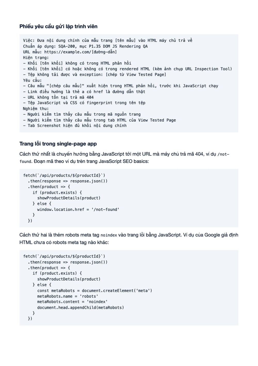 Trang 10 bản PDF của tài liệu DOM JS Rendering QA: kiểm nội dung chính không phụ thuộc JavaScript, phần có bảng