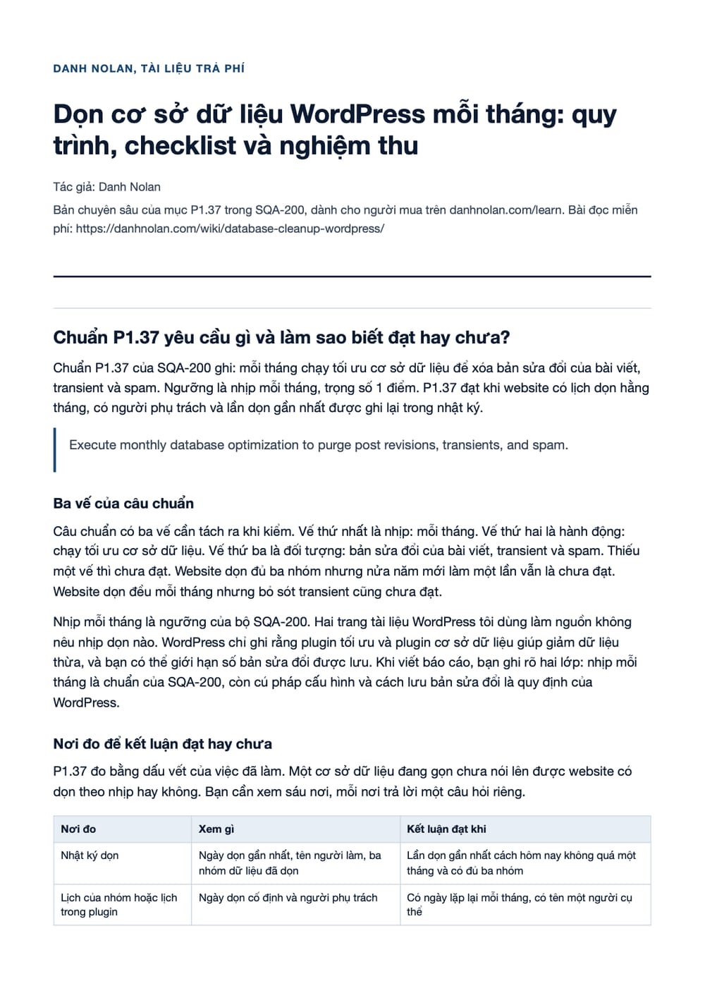 Trang 1 bản PDF của tài liệu Dọn cơ sở dữ liệu WordPress mỗi tháng: quy trình, checklist và nghiệm