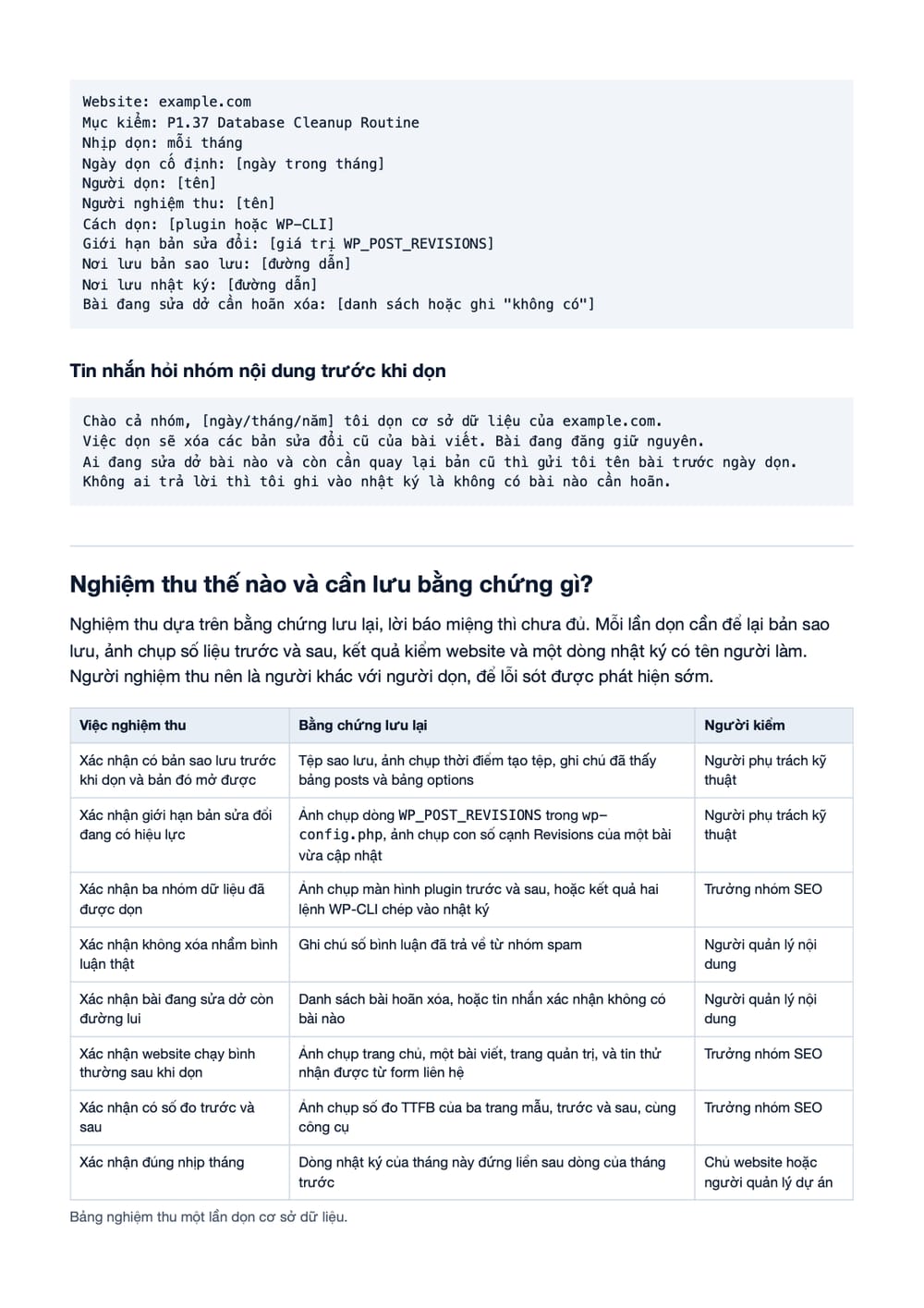 Trang 11 bản PDF của tài liệu Dọn cơ sở dữ liệu WordPress mỗi tháng: quy trình, checklist và nghiệm, phần có bảng
