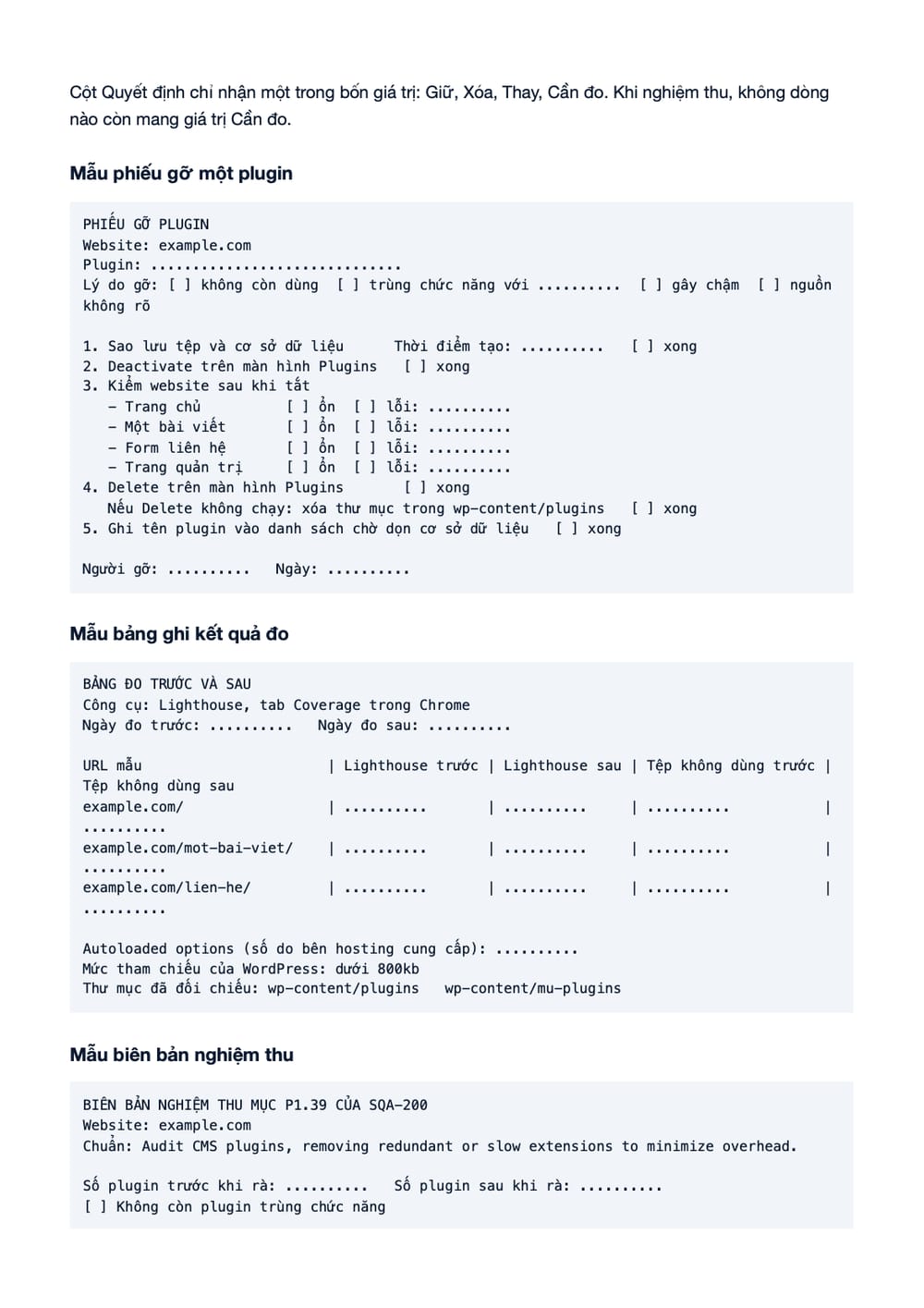 Trang 10 bản PDF của tài liệu Plugin audit WordPress: quy trình rà, gỡ plugin thừa và nghiệm thu, phần có bảng
