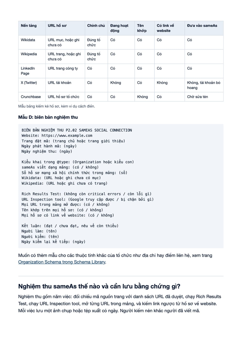 Trang 10 bản PDF của tài liệu sameAs cho Organization Schema: quy trình khai, kiểm và nghiệm thu, phần có bảng Trang 10 bản PDF của tài liệu sameAs cho Organization Schema: quy trình khai, kiểm và nghiệm thu, phần có bảng