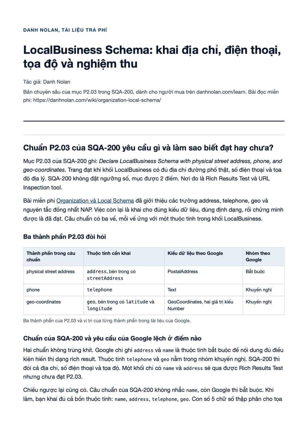 Trang 1 bản PDF của tài liệu LocalBusiness Schema: khai địa chỉ, điện thoại, tọa độ và nghiệm thu