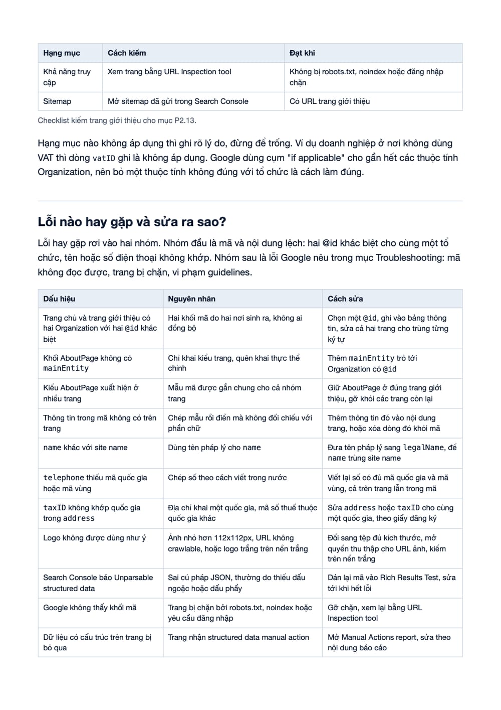 Trang 8 bản PDF của tài liệu AboutPage Schema: quy trình khai trang giới thiệu, kiểm và nghiệm thu, phần có bảng