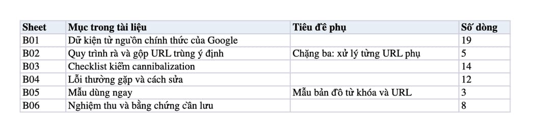 Sheet Mục lục trong tệp Excel của tài liệu Cannibalization Audit: quy trình rà, gộp URL trùng ý định và nghiệm