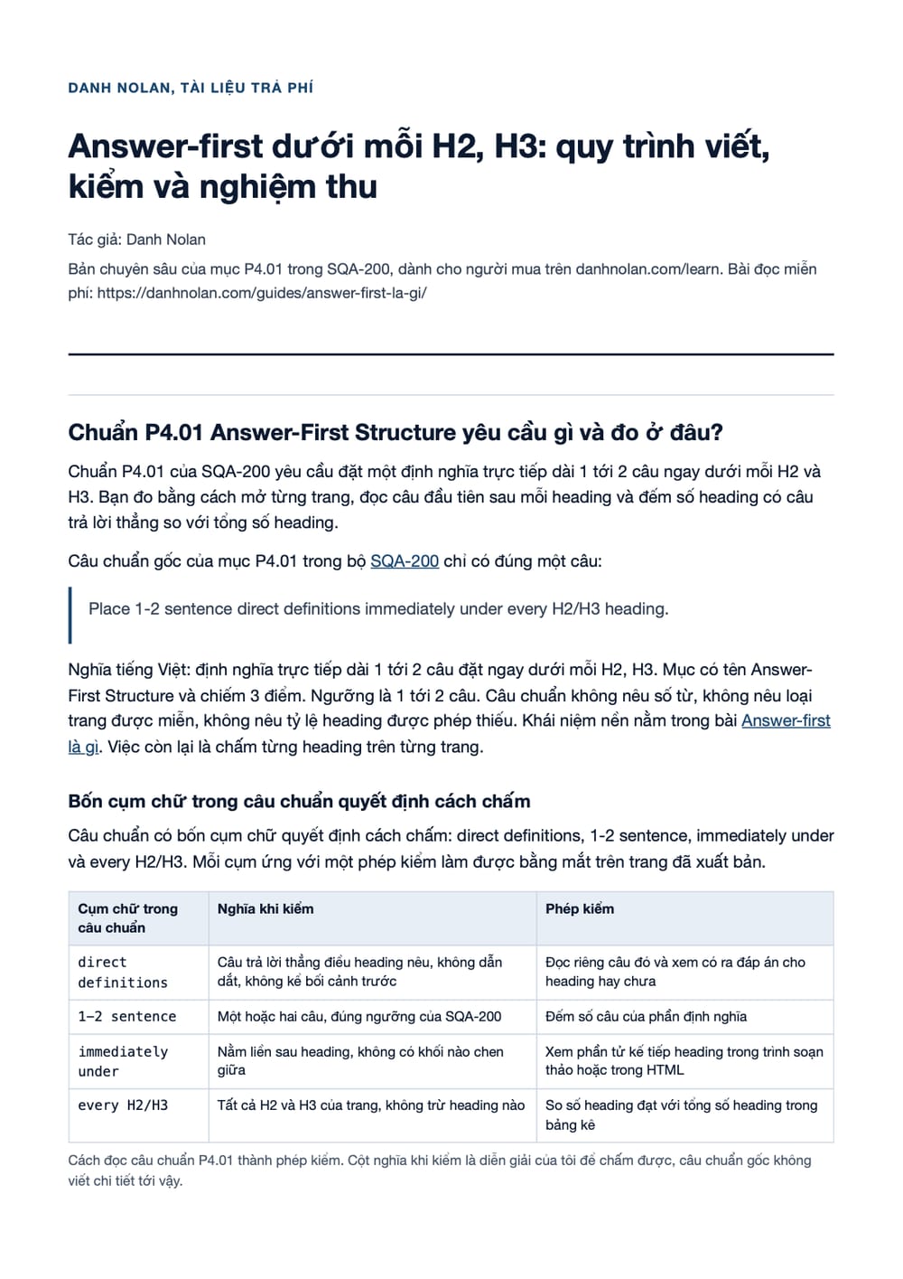 Trang 1 bản PDF của tài liệu Answer-first dưới mỗi H2, H3: quy trình viết, kiểm và nghiệm thu