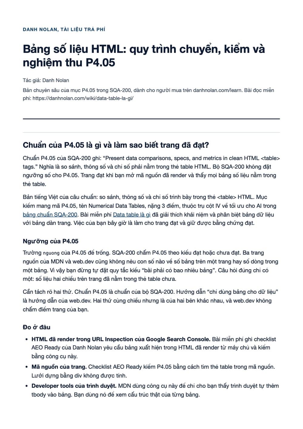Trang 1 bản PDF của tài liệu Bảng số liệu HTML: quy trình chuyển, kiểm và nghiệm thu P4.05