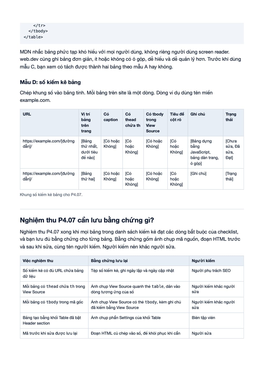 Trang 10 bản PDF của tài liệu Bảng HTML có thead, tbody, th: quy trình kiểm, sửa và nghiệm thu, phần có bảng
