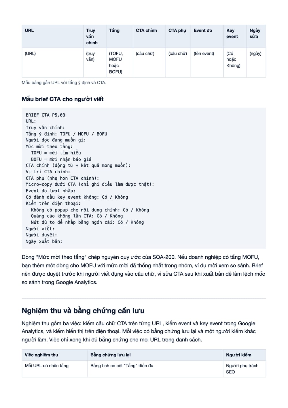 Trang 8 bản PDF của tài liệu CTA theo tầng ý định: quy trình gán tầng, đo key event và nghiệm thu, phần có bảng