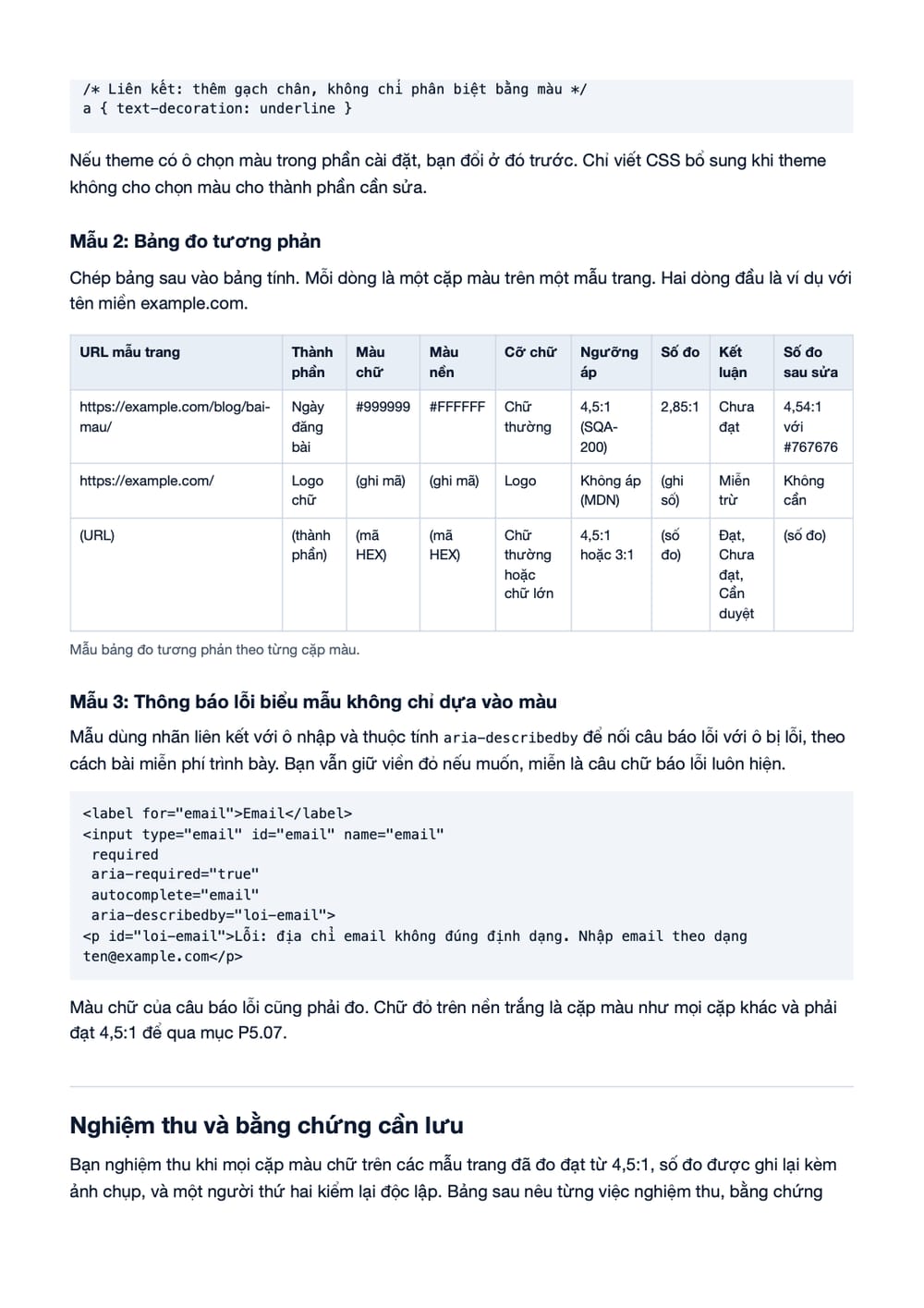Trang 8 bản PDF của tài liệu Tương phản chữ và nền 4,5:1: quy trình đo, sửa và nghiệm thu, phần có bảng