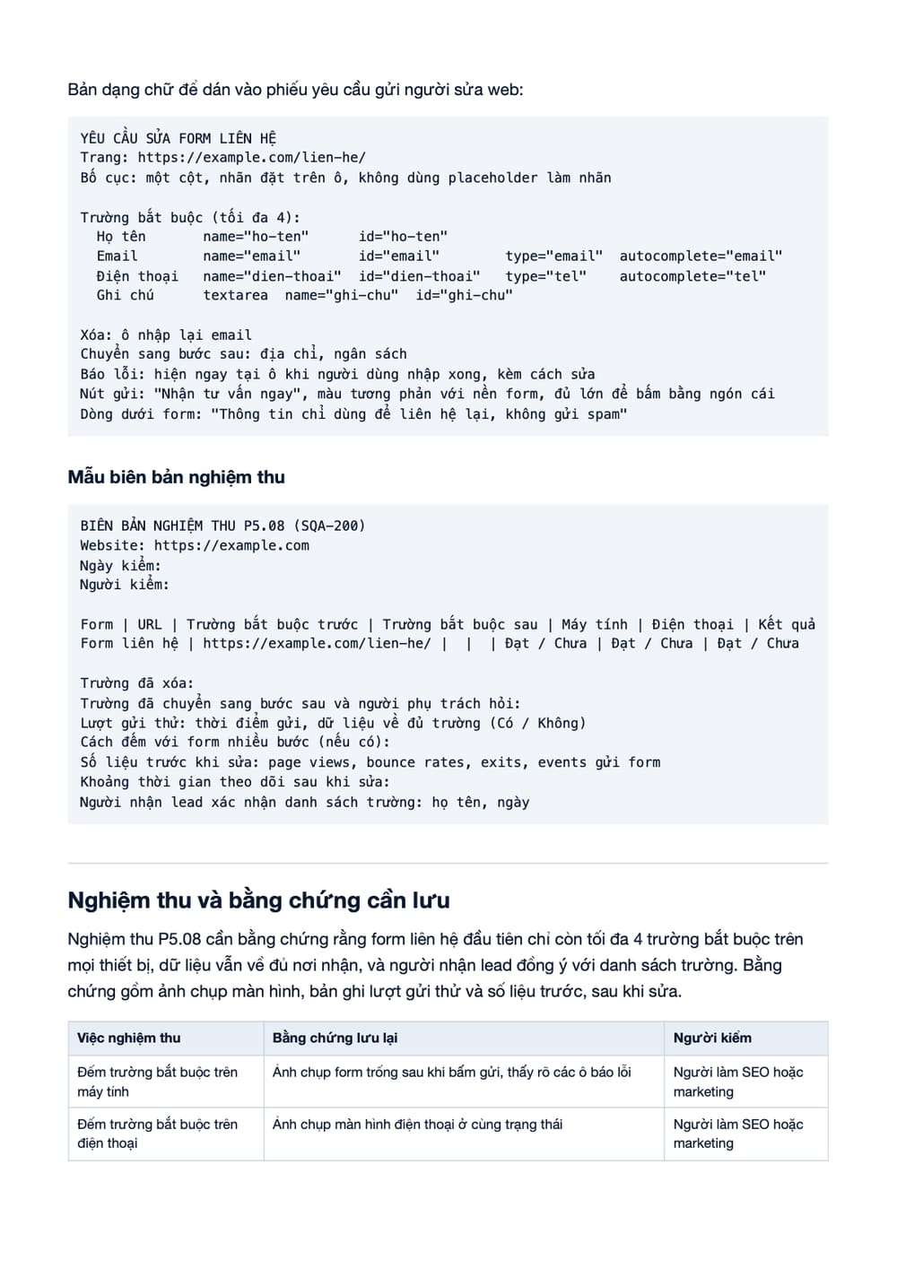 Trang 10 bản PDF của tài liệu Form liên hệ tối đa 4 trường bắt buộc: quy trình cắt, kiểm và nghiệm, phần có bảng