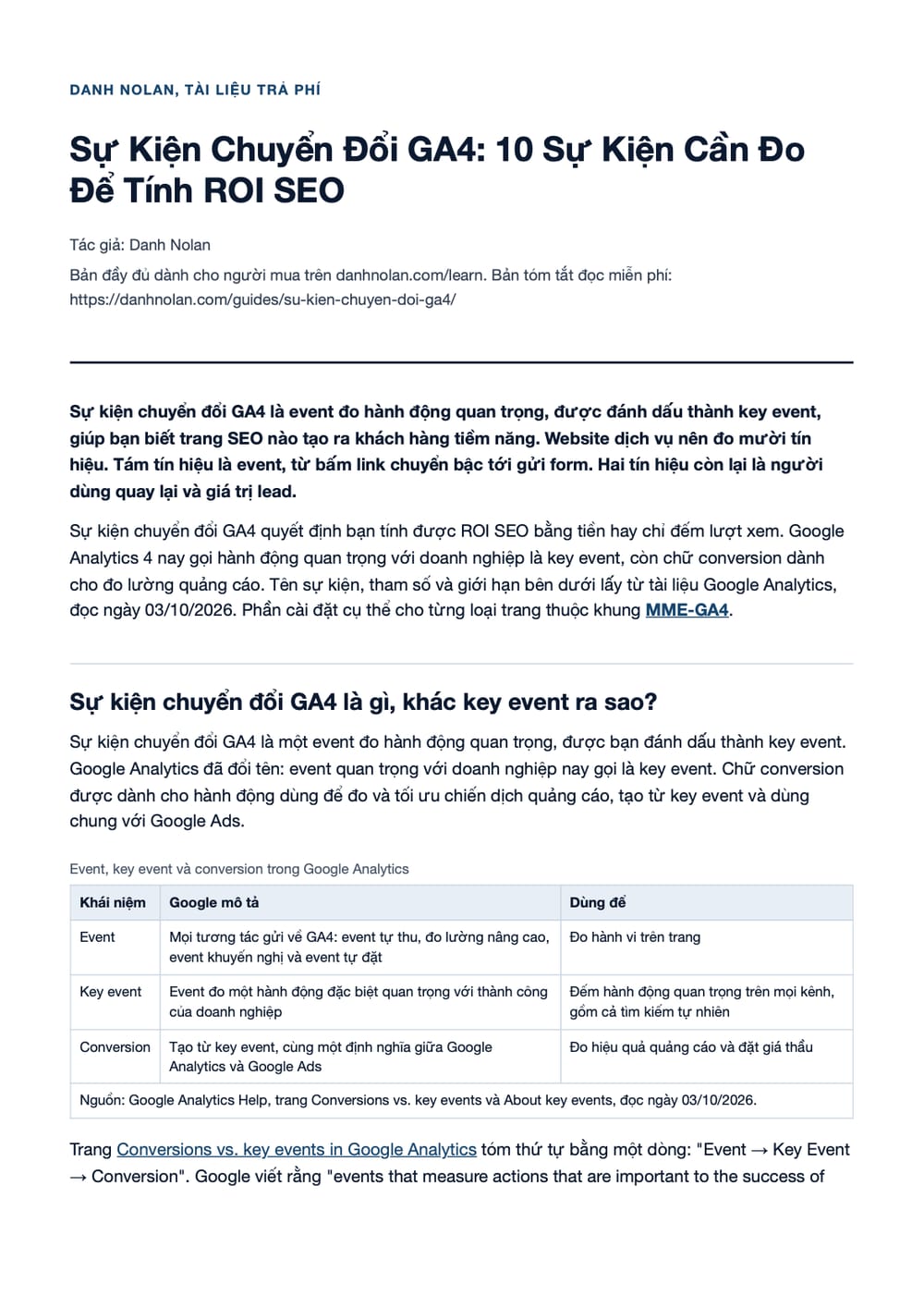 Trang 1 bản PDF của tài liệu Sự Kiện Chuyển Đổi GA4: 10 Sự Kiện Cần Đo Để Tính ROI SEO
