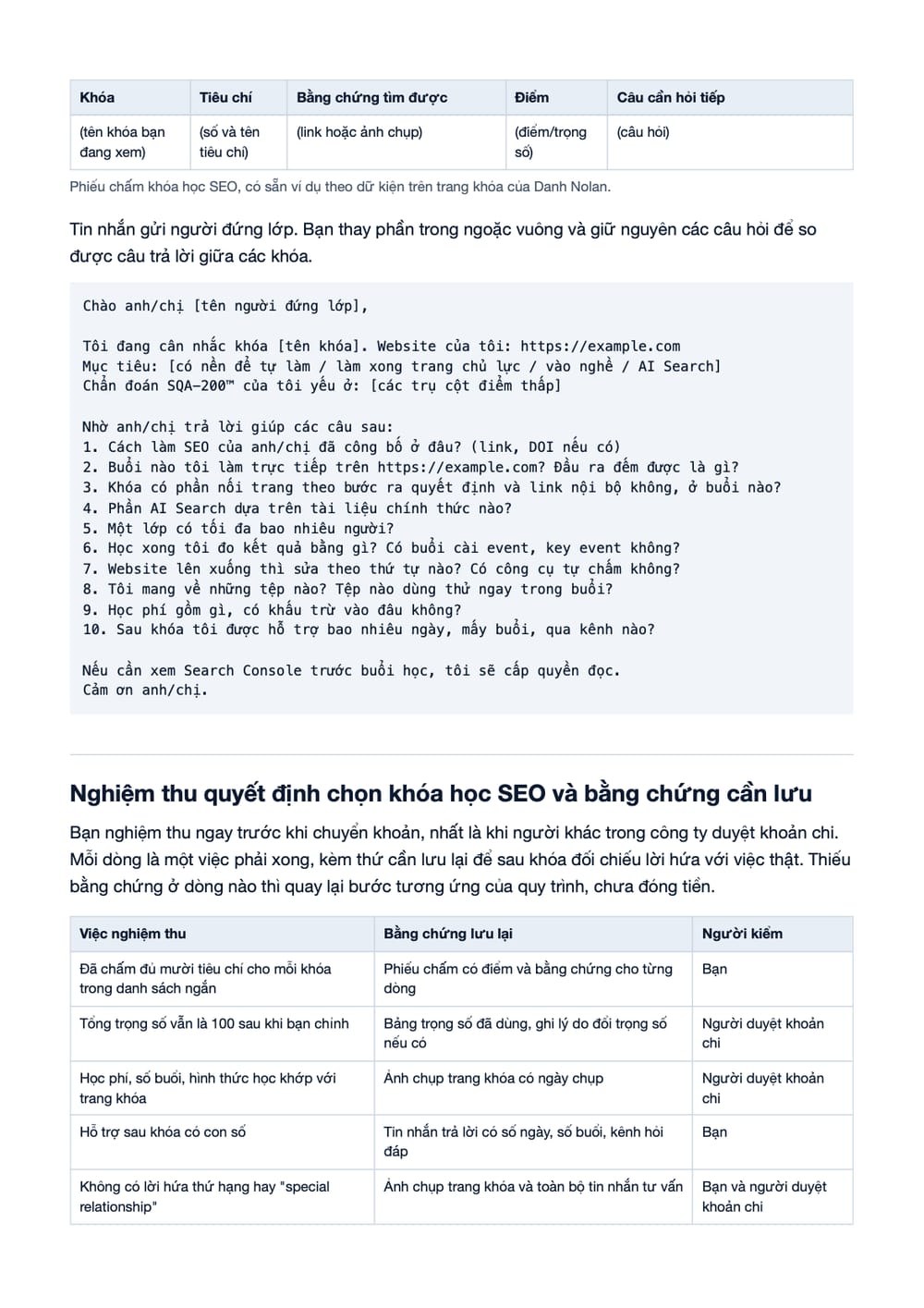Trang 15 bản PDF của tài liệu Tiêu Chí Chọn Khóa Học SEO: 10 Điều Cần Kiểm Trước Khi Đăng Ký, phần có bảng