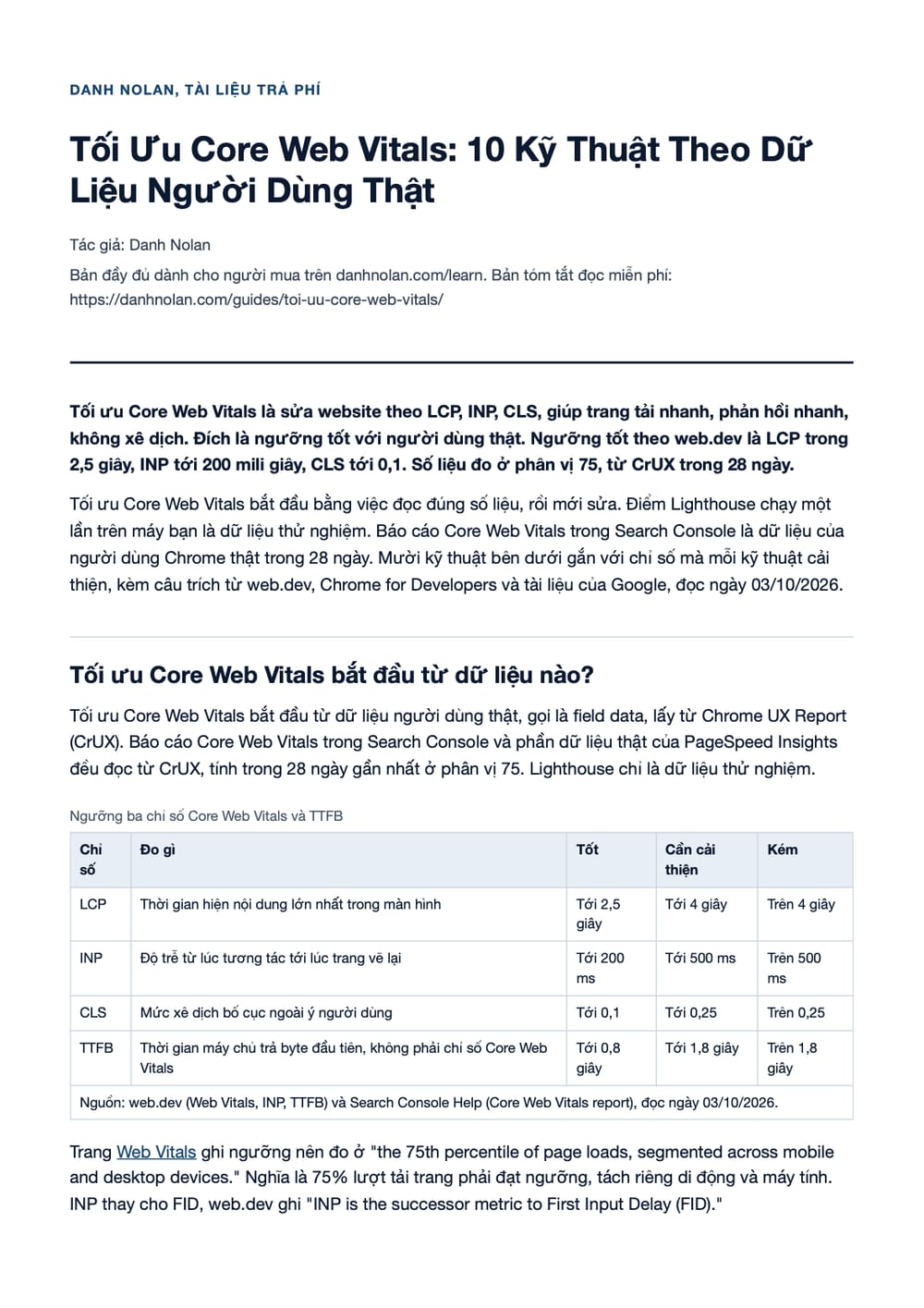 Trang 1 bản PDF của tài liệu Tối Ưu Core Web Vitals: 10 Kỹ Thuật Theo Dữ Liệu Người Dùng Thật