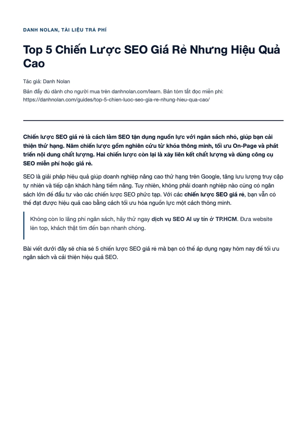Trang 1 bản PDF của tài liệu Top 5 Chiến Lược SEO Giá Rẻ Nhưng Hiệu Quả Cao