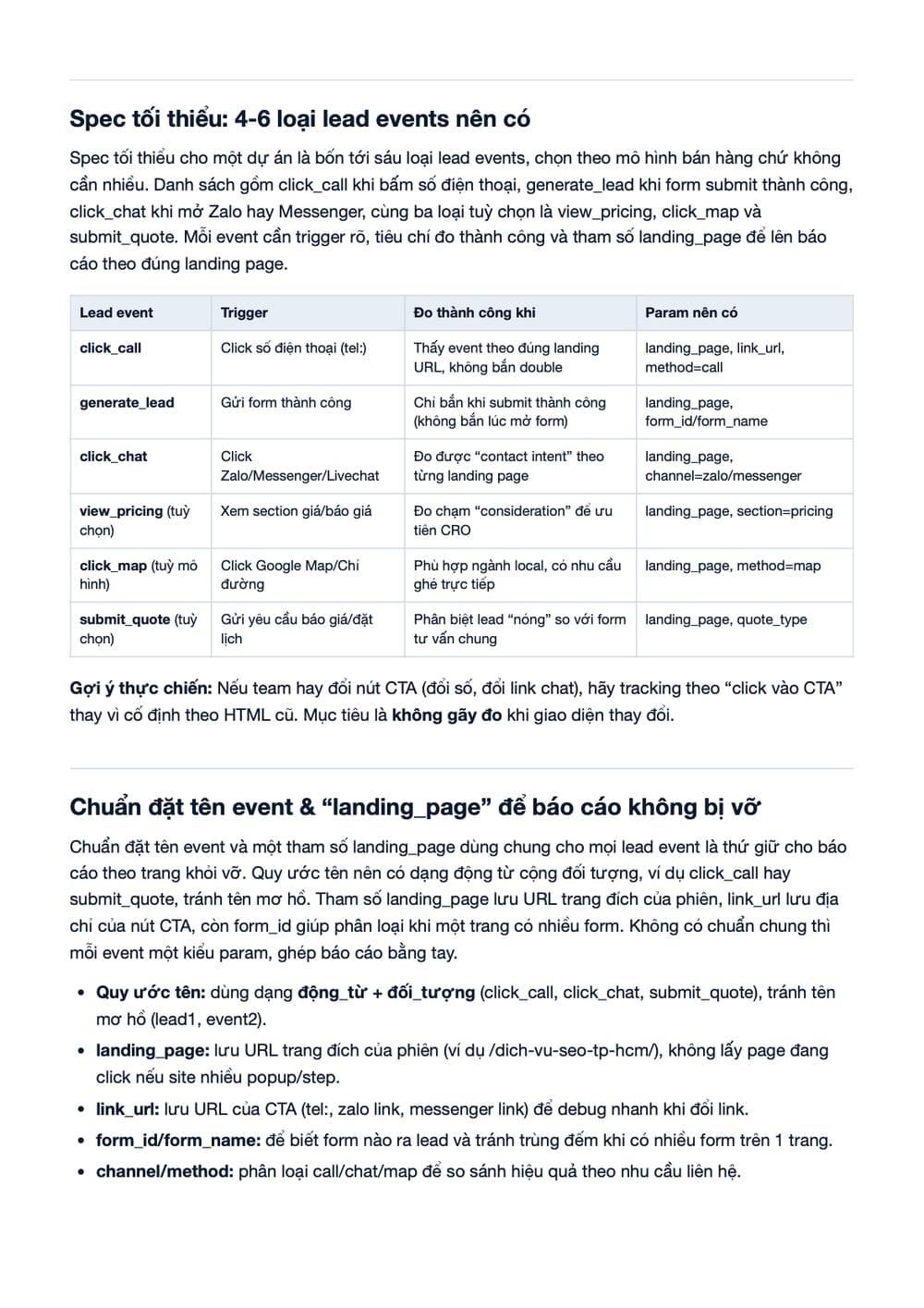 Trang 2 bản PDF của tài liệu Tracking lead cho SEO TP.HCM: đo đúng call/form để tối ưu theo dữ liệu, phần có bảng