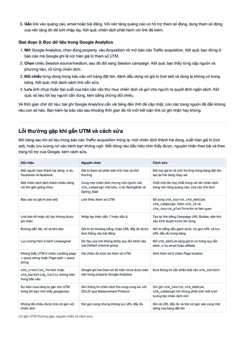 Trang 16 bản PDF của tài liệu UTM Là Gì? Cách Tạo UTM Để Đo Lường Chiến Dịch Quảng Cáo Hiệu Quả, phần có bảng