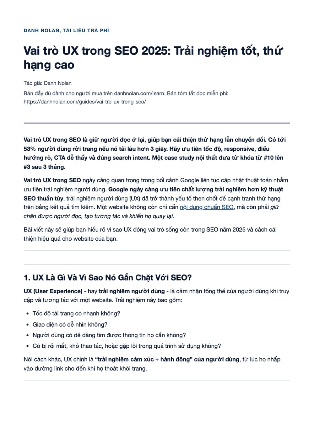 Trang 1 bản PDF của tài liệu Vai trò UX trong SEO 2025: Trải nghiệm tốt, thứ hạng cao