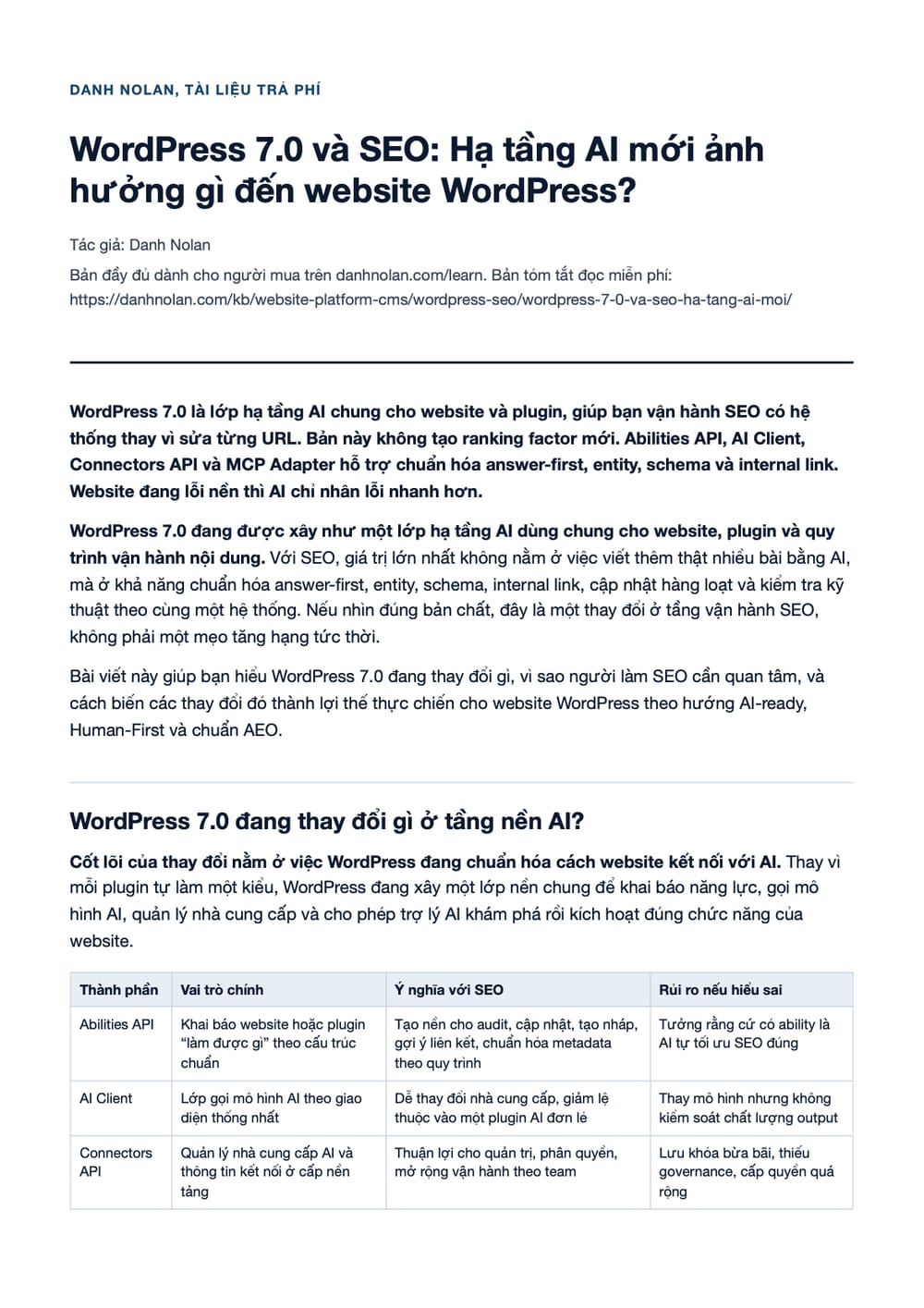Trang 1 bản PDF của tài liệu WordPress 7.0 và SEO: Hạ tầng AI mới ảnh hưởng gì đến website