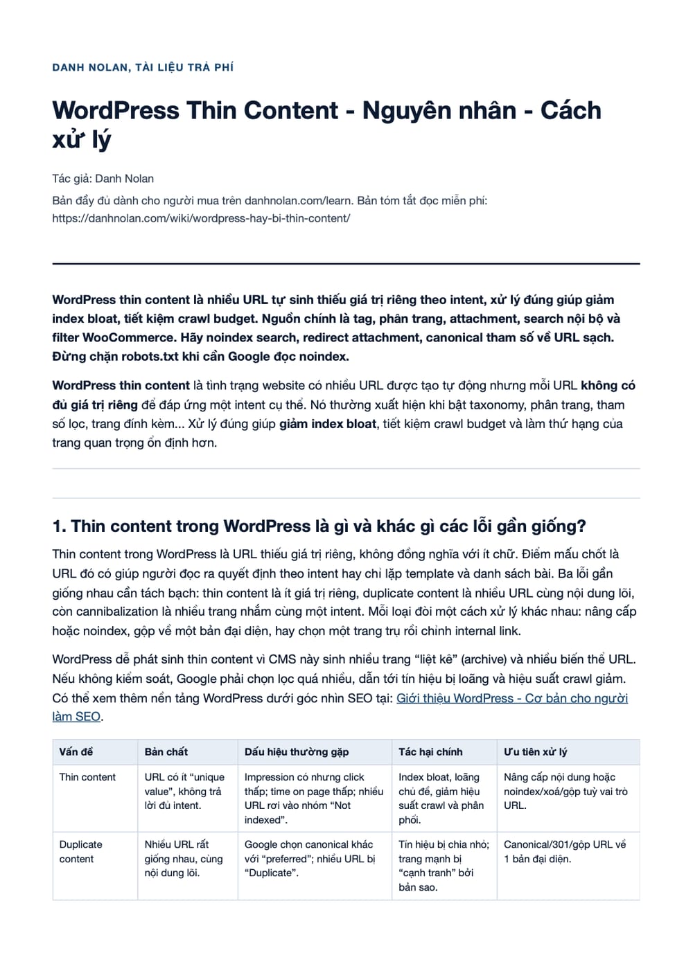 Trang 1 bản PDF của tài liệu WordPress Thin Content - Nguyên nhân - Cách xử lý