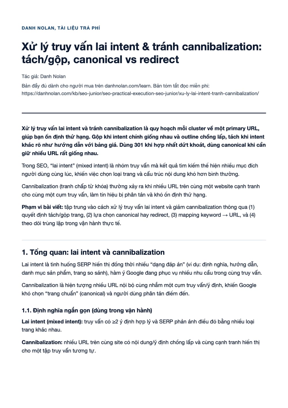 Trang 1 bản PDF của tài liệu Xử lý truy vấn lai intent & tránh cannibalization: tách/gộp