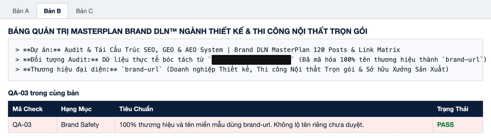 SEO nội thất: dòng đầu hồ sơ bản B còn tên miền thật, đã che bằng thanh đen, cùng dòng QA-03 Brand Safety ghi đạt