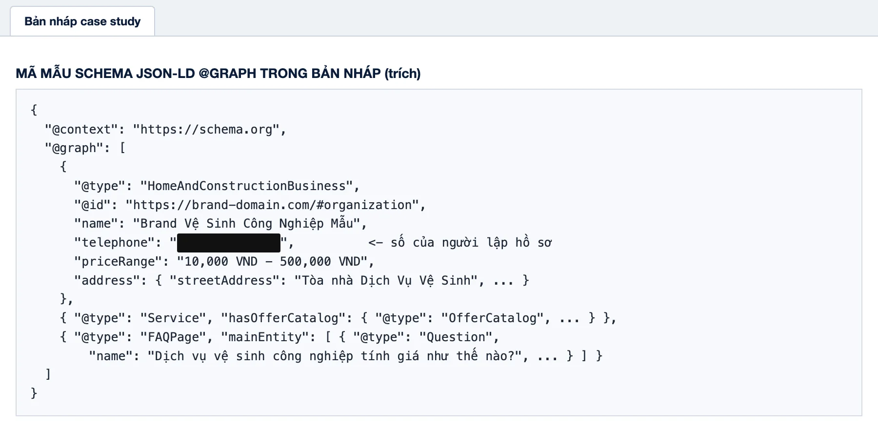 SEO vệ sinh công nghiệp: mã mẫu schema JSON-LD trong bản nháp, số điện thoại đã che bằng thanh đen