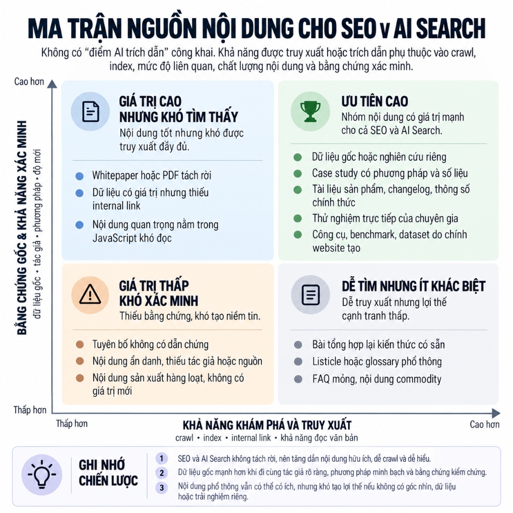 Muốn AI trích dẫn website: ma trận nguồn nội dung cho SEO và AI Search dựa trên khả năng xác minh và khả năng truy xuất