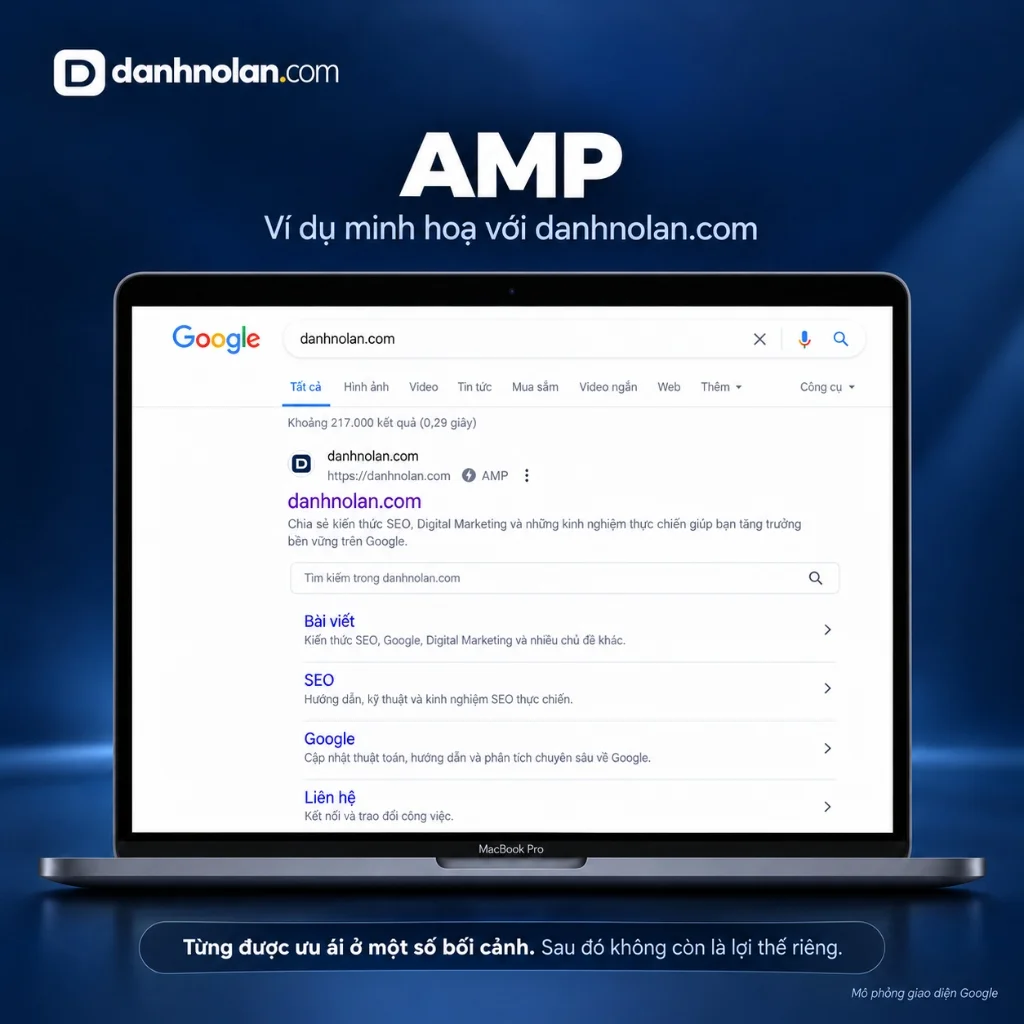 Giao diện AMP trên Google tìm kiếm với biểu tượng tia sét trước khi bị bình thường hóa