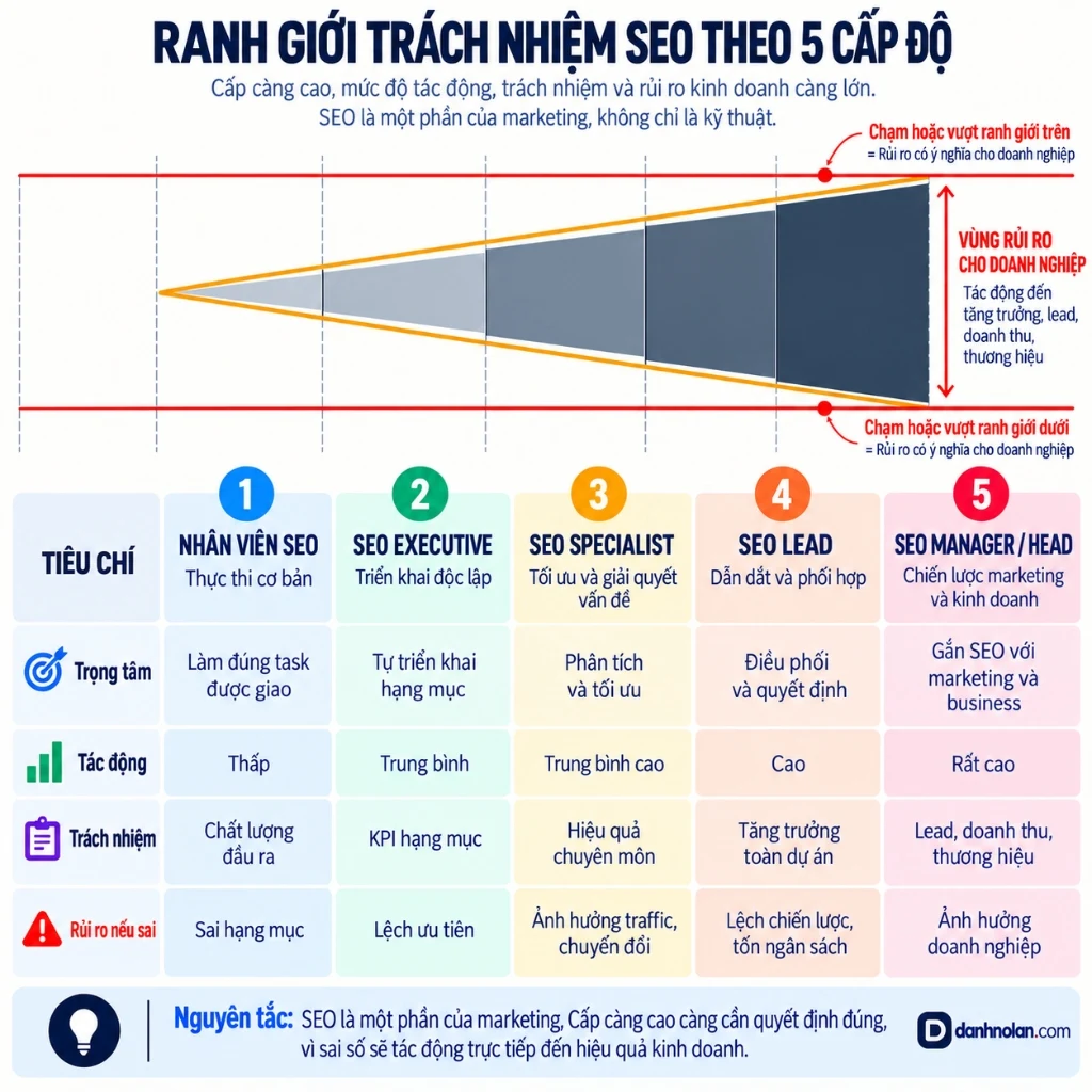 Infographic ranh giới trách nhiệm SEO theo 5 cấp độ và ngưỡng rủi ro cho doanh nghiệp
