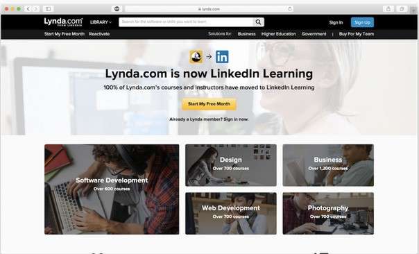 Ảnh chụp trang Lynda.com với thông báo đã chuyển thành LinkedIn Learning