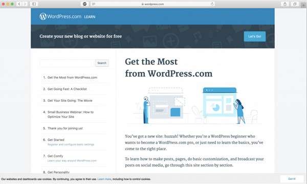 Ảnh chụp trang bài học chính thức của WordPress.com với danh sách các bước bắt đầu