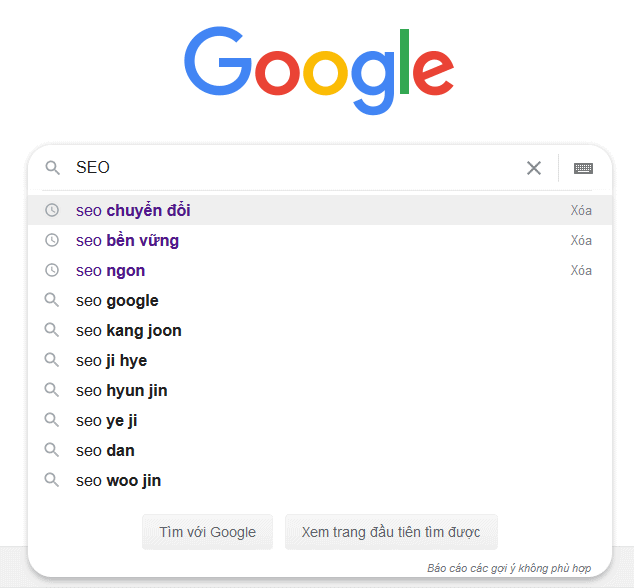 Ô tìm kiếm Google đang gợi ý tự động cho từ khóa seo, liệt kê chín gợi ý