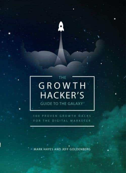 Bìa sách The Growth Hacker's Guide to the Galaxy, nền vũ trụ đen với tên lửa đang bay lên