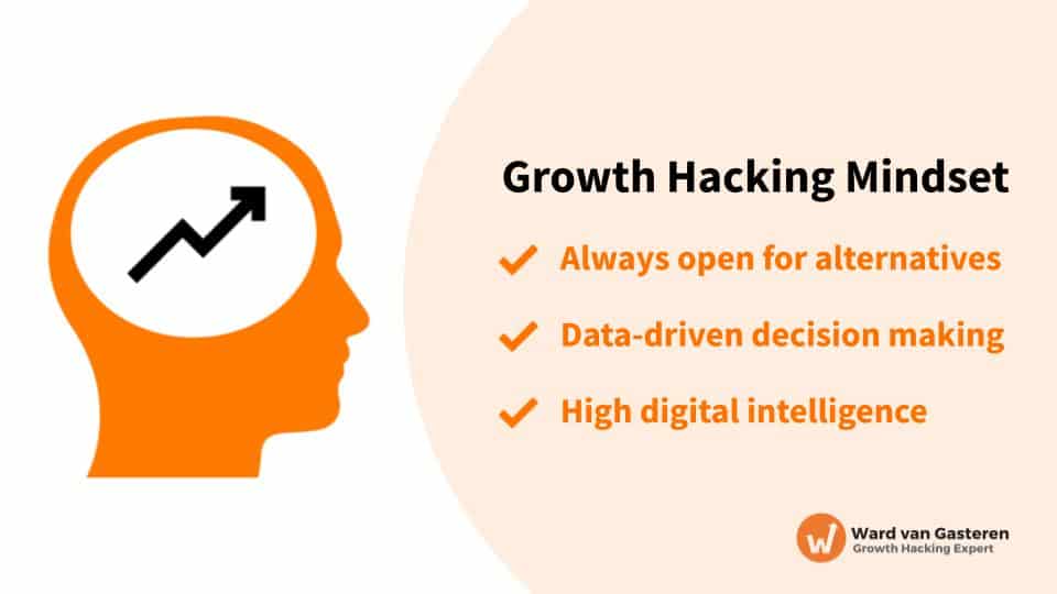 Đồ họa Growth Hacking Mindset với ba tính chất: mở với phương án khác, quyết theo dữ liệu, thạo công nghệ