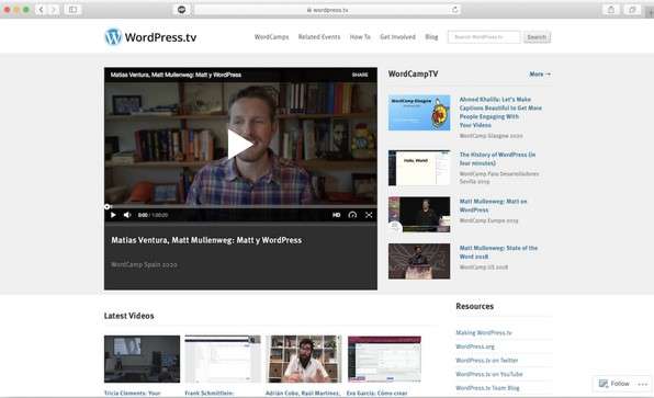 Ảnh chụp trang WordPress TV với danh sách video hướng dẫn miễn phí