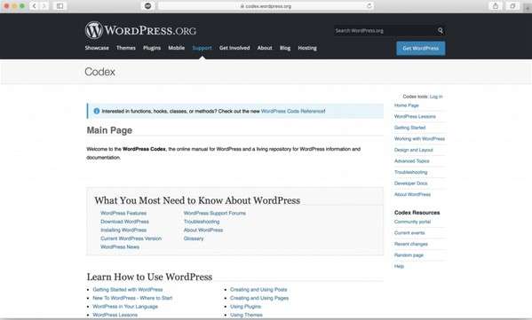 Ảnh chụp trang WordPress.org Codex, tài liệu chính thức miễn phí của WordPress