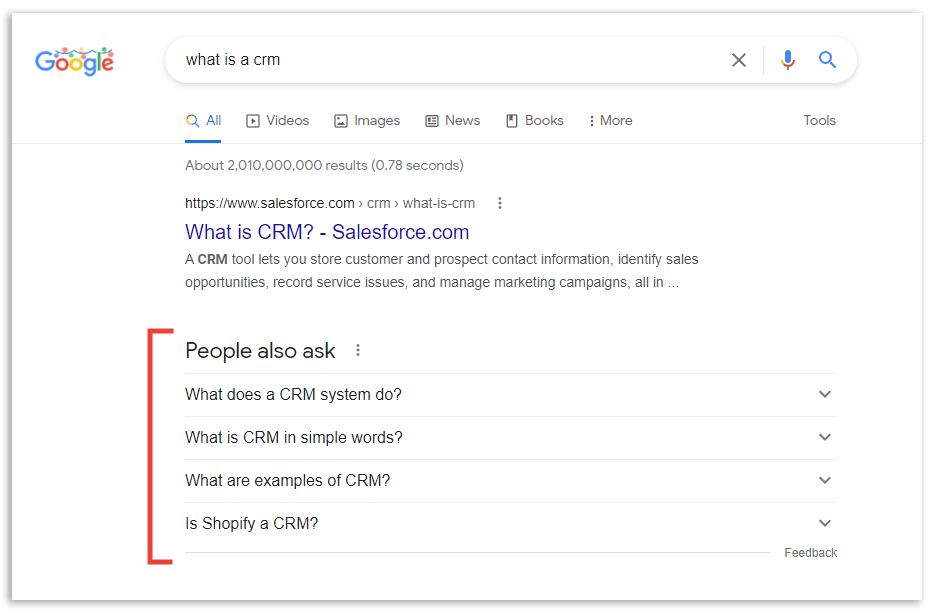Trang kết quả Google cho truy vấn what is a crm với khối People also ask được khoanh đỏ