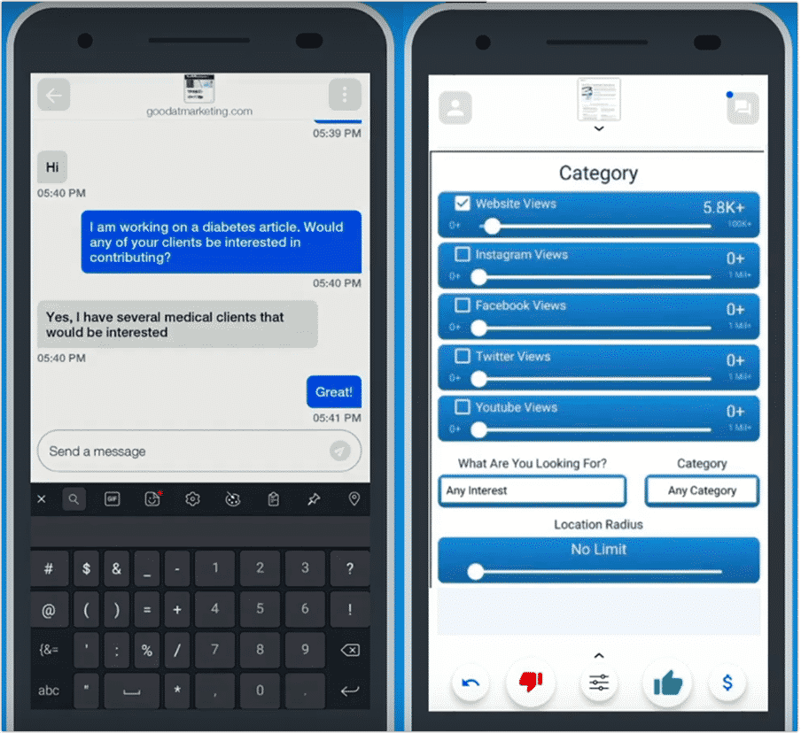 Hai màn hình điện thoại của BizSwipe, một là cửa sổ nhắn tin, một là bộ lọc chọn đối tác