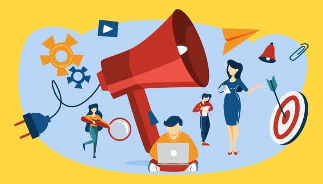 Đồ họa chiếc loa phóng thanh lớn màu đỏ, quanh là người làm marketing và biểu tượng mục tiêu