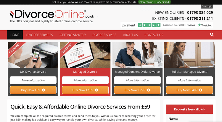 Ảnh chụp trang chủ Divorce Online với bốn gói dịch vụ và giá khởi điểm 59 bảng