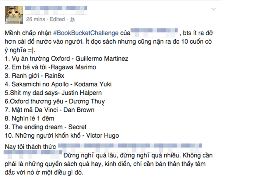 Ảnh chụp bài Facebook tham gia thử thách BookBucketChallenge, liệt kê 10 cuốn sách