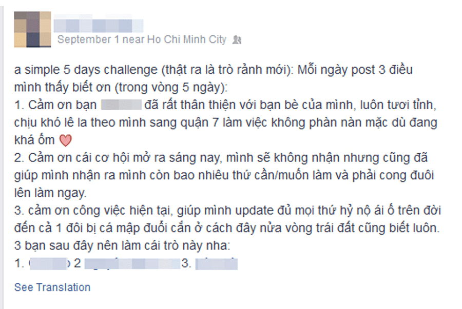Ảnh chụp bài Facebook thử thách 5 ngày viết bằng tiếng Việt, đăng từ TP.HCM