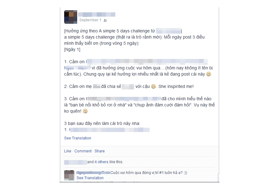 Ảnh chụp bài Facebook thử thách 5 ngày, mỗi ngày đăng ba điều thấy biết ơn