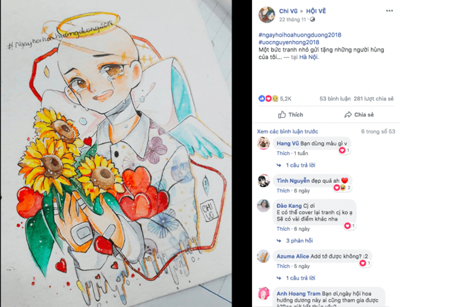 Ảnh chụp bài Facebook đăng tranh vẽ hưởng ứng thử thách, kèm số lượt tương tác