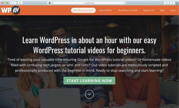 Ảnh chụp trang WP101 với lời mời học WordPress trong khoảng một giờ bằng video