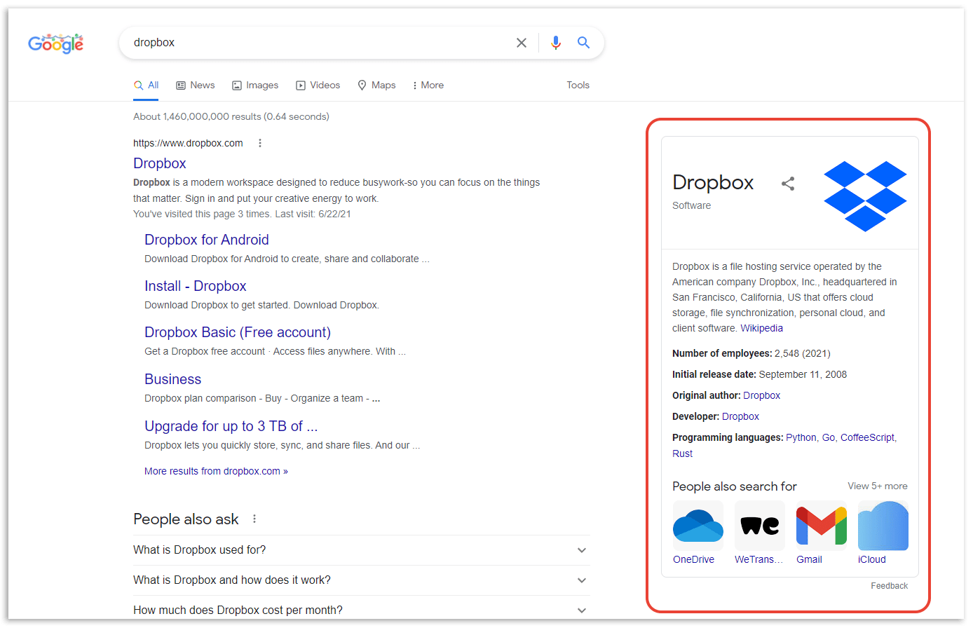 Trang kết quả Google cho truy vấn dropbox với bảng tri thức được khoanh đỏ bên phải